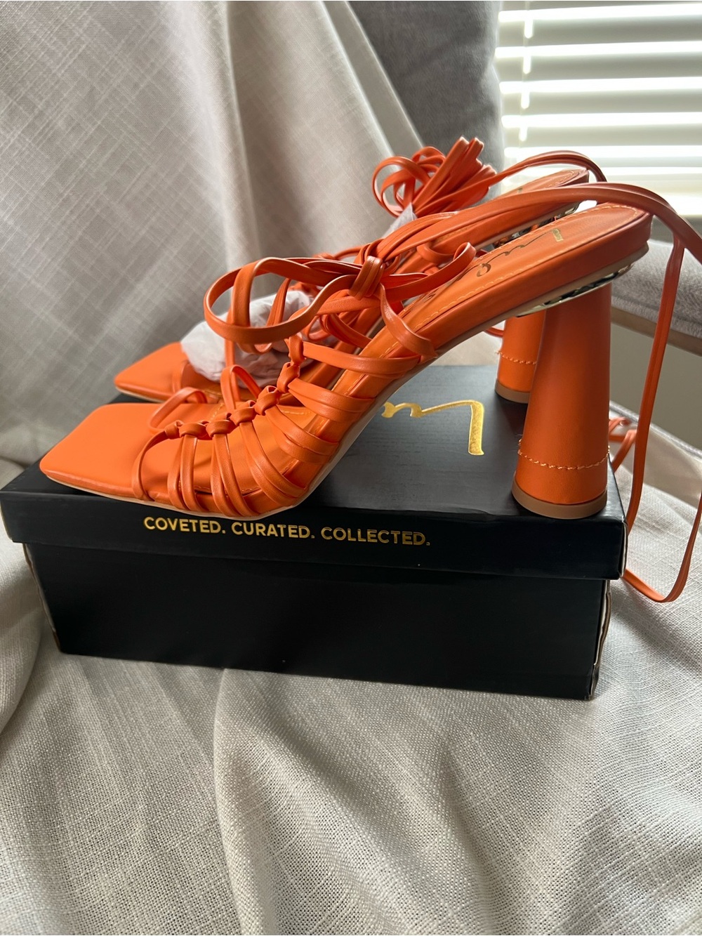 Lulu's Vibrant Orange Strappy Lace-Up Block Heel Sandals